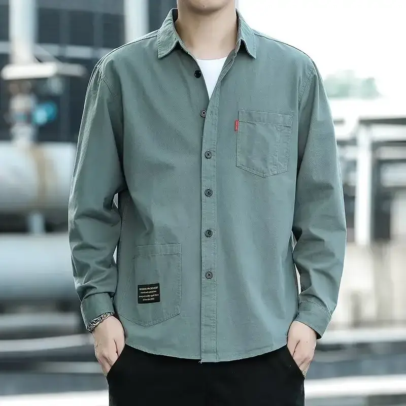 Men's Long Sleeve Cotton Shirt Tan Button Front - Image 12