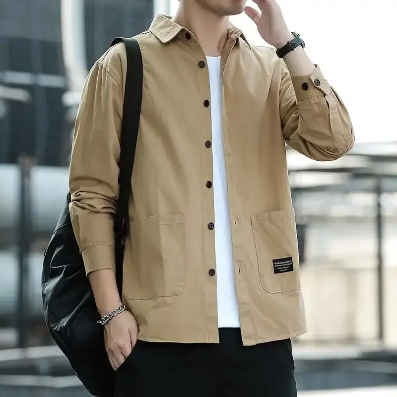Men's Long Sleeve Cotton Shirt Tan Button Front - Image 13