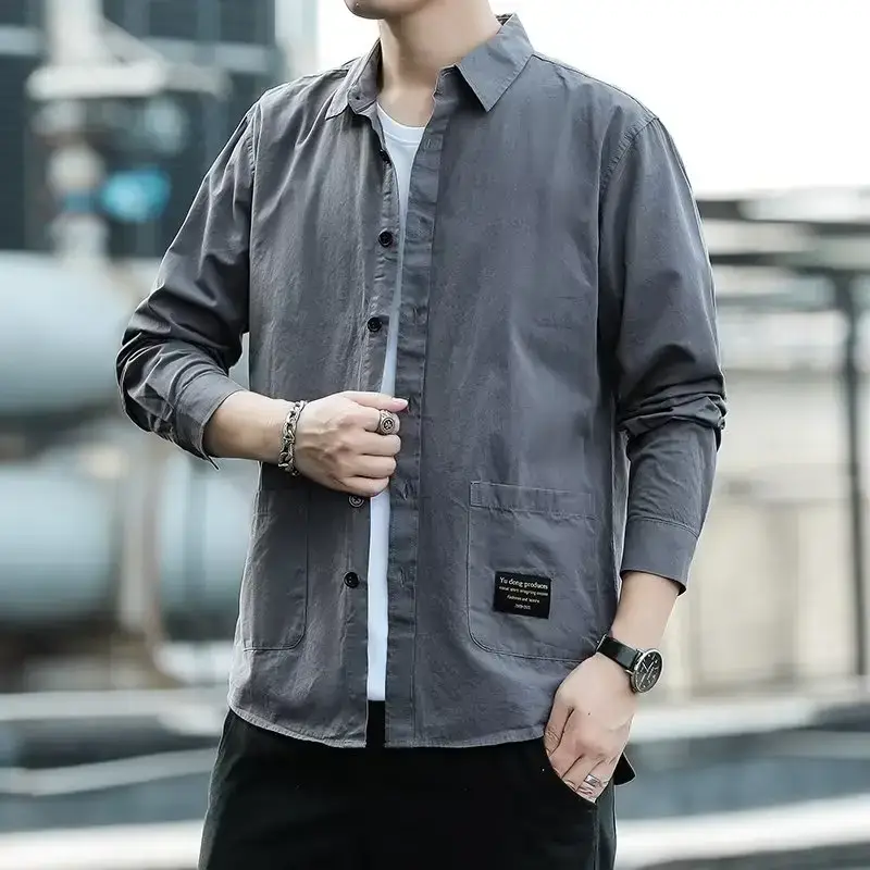Men's Long Sleeve Cotton Shirt Tan Button Front - Image 15