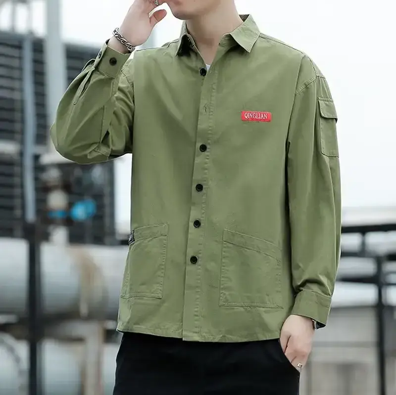 Men's Long Sleeve Cotton Shirt Tan Button Front - Image 18