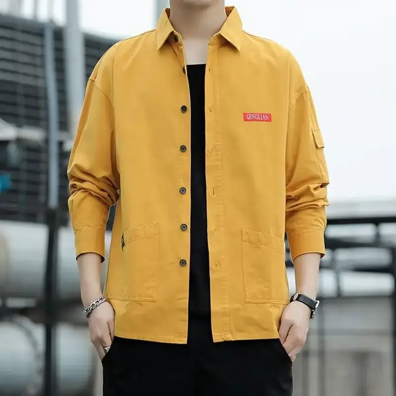 Men's Long Sleeve Cotton Shirt Tan Button Front - Image 22