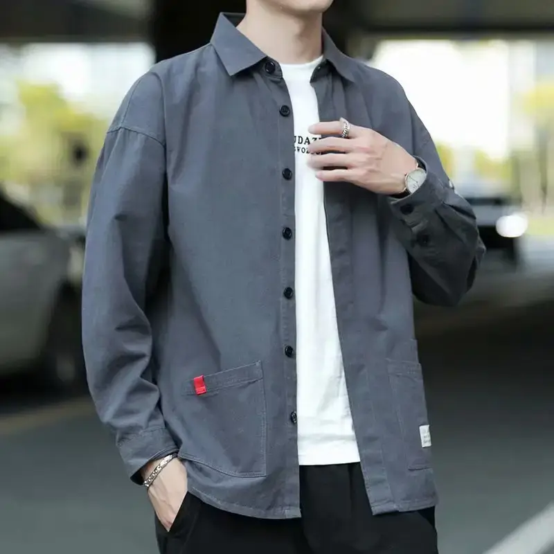 Men's Long Sleeve Cotton Shirt Tan Button Front - Image 26