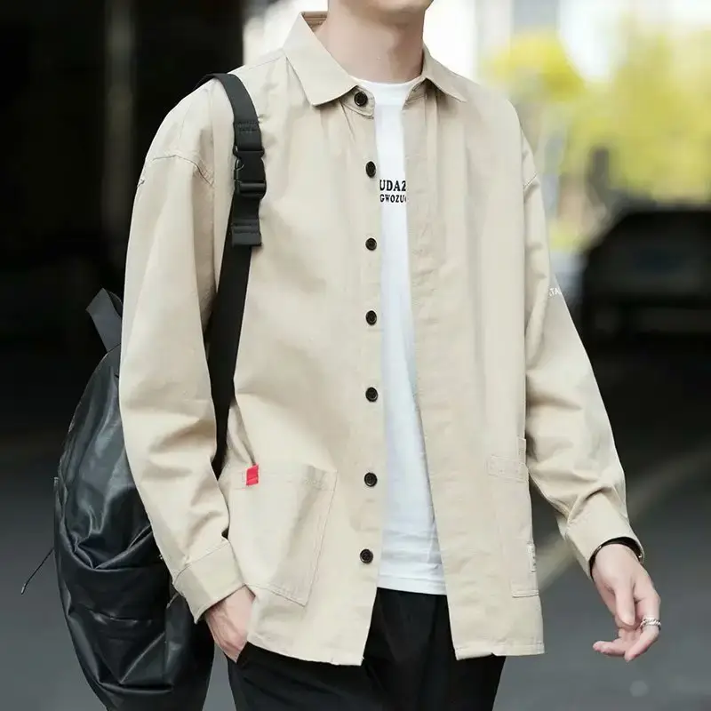 Men's Long Sleeve Cotton Shirt Tan Button Front - Image 27