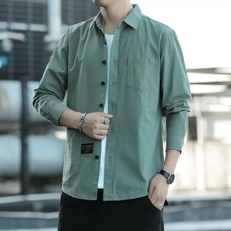Men's Long Sleeve Cotton Shirt Tan Button Front - Image 3