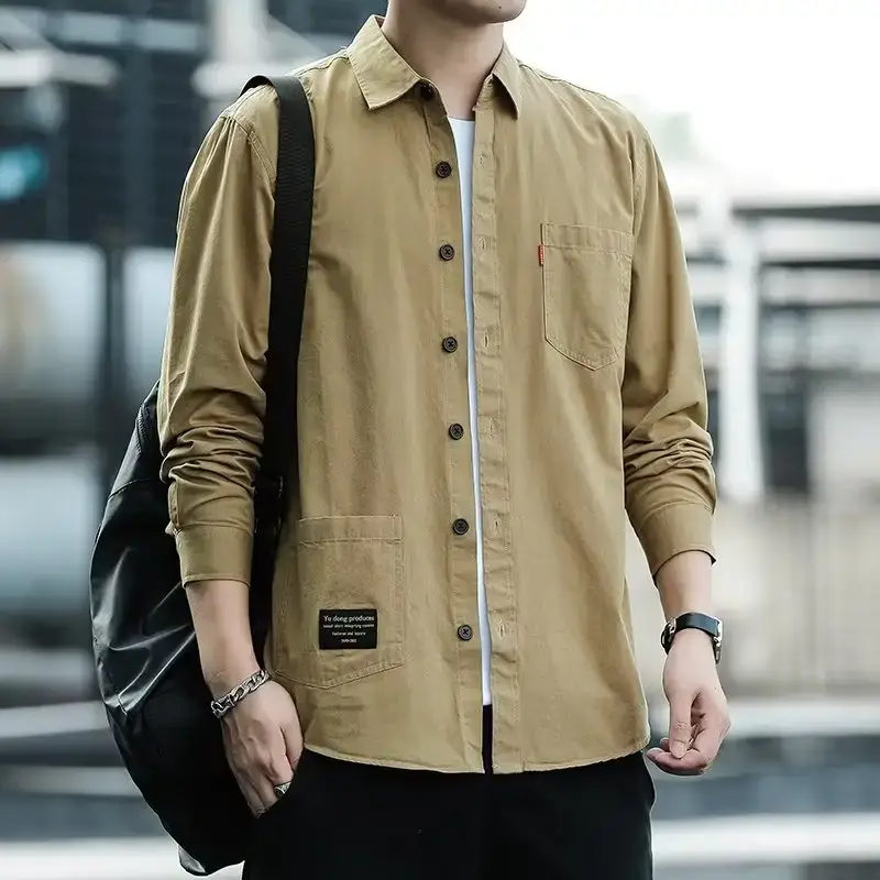 Men's Long Sleeve Cotton Shirt Tan Button Front - Image 8