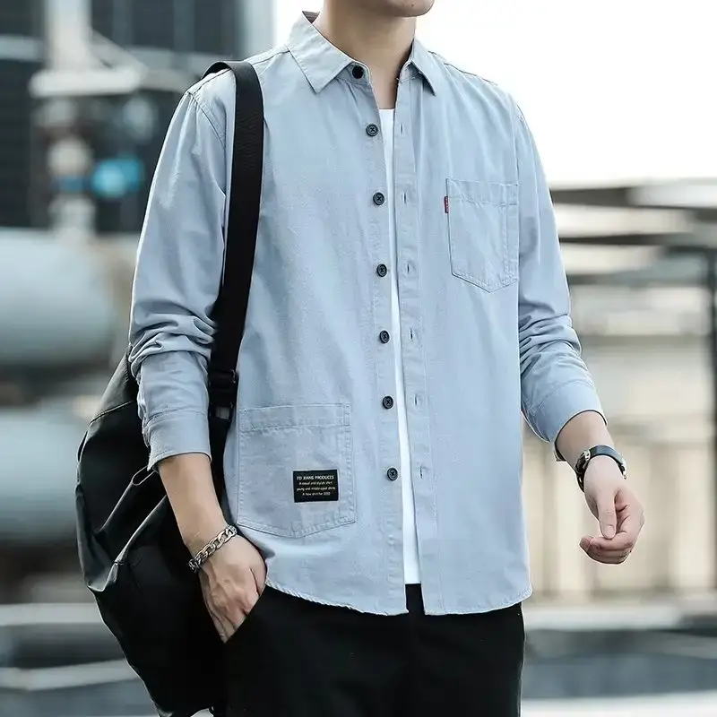 Men's Long Sleeve Cotton Shirt Tan Button Front - Image 9
