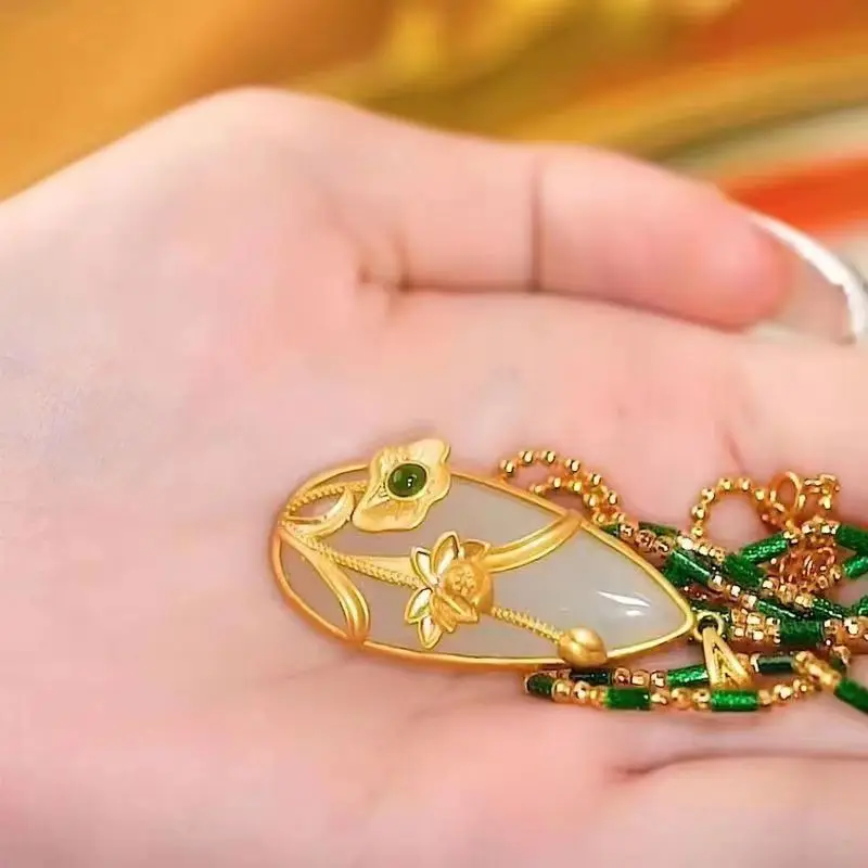 Lotus Leaf Pendant Necklace for Women Gold Green - Image 5
