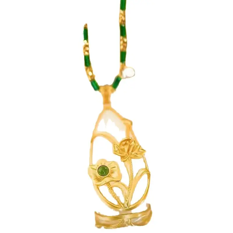 Lotus Leaf Pendant Necklace for Women Gold Green - Image 7