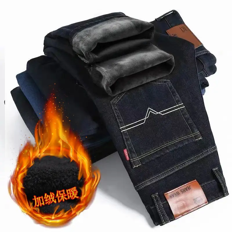 Men Fleece Lined Blue Jeans Stretch Loose Fit - Image 6