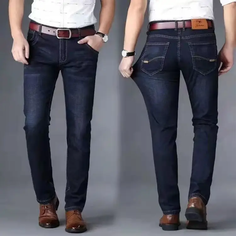 Men Fleece Lined Blue Jeans Stretch Loose Fit — feature 1