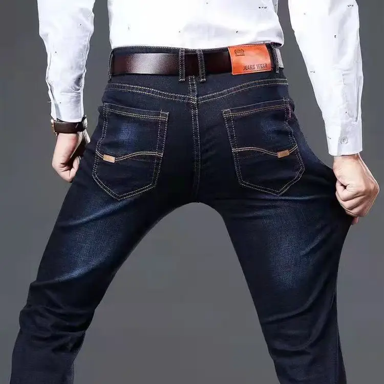 Men Fleece Lined Blue Jeans Stretch Loose Fit — feature 5