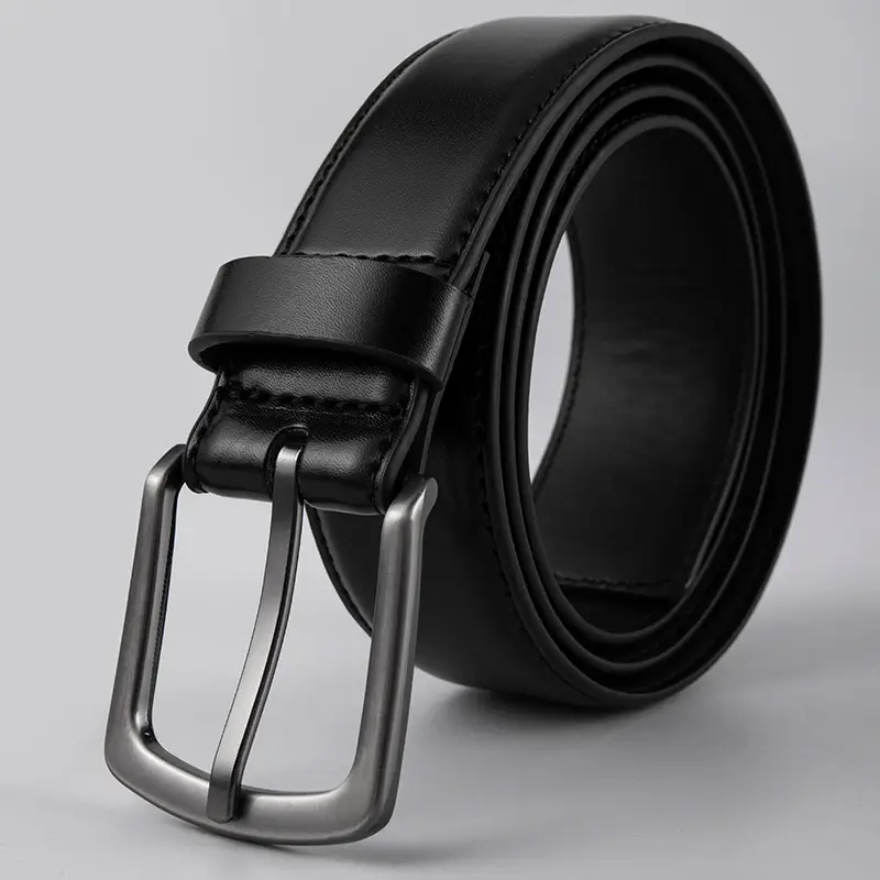 Men's Black Leather Belt with Silver Pin Buckle