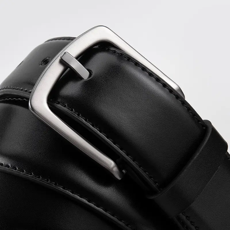 Men's Black Leather Belt with Silver Pin Buckle