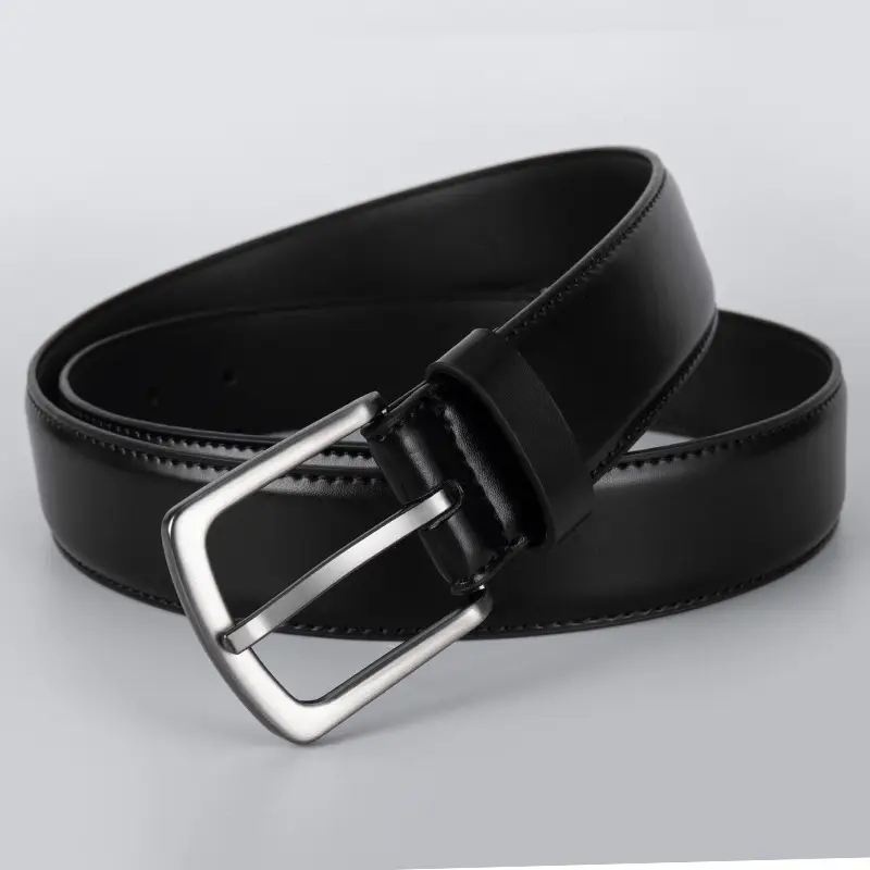 Men's Black Leather Belt with Silver Pin Buckle