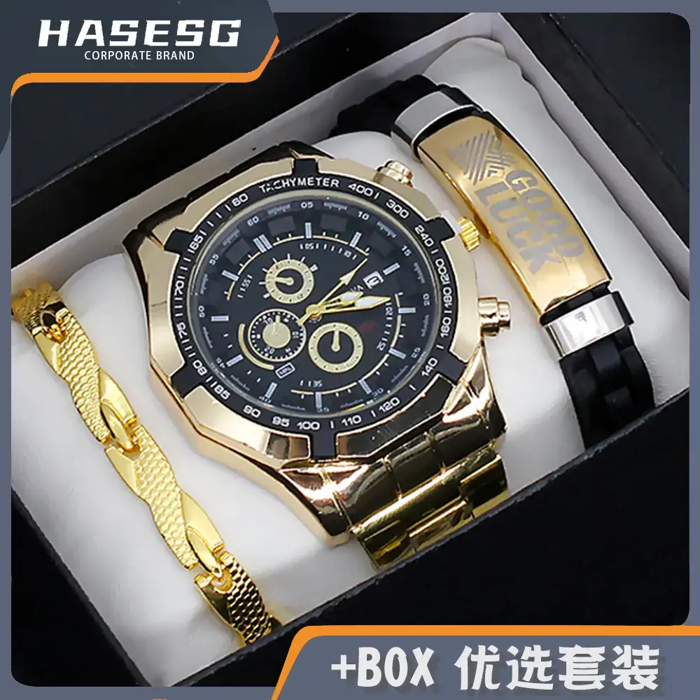 Men's Gold Quartz Watch with 3 Dials & Bracelet Set - Image 4
