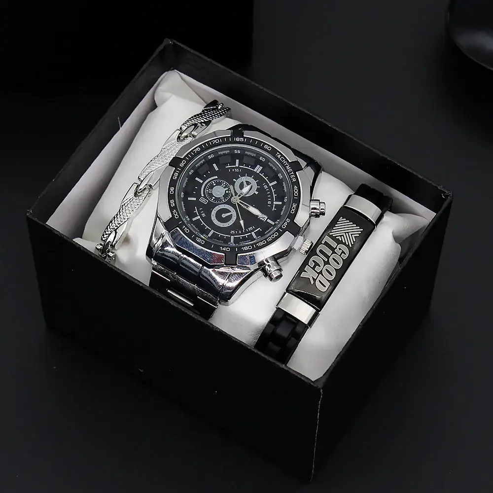 Men's Gold Quartz Watch with 3 Dials & Bracelet Set - Image 2