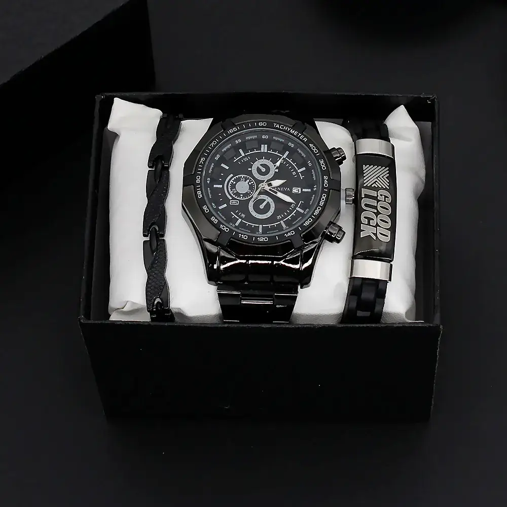 Men's Gold Quartz Watch with 3 Dials & Bracelet Set - Image 3
