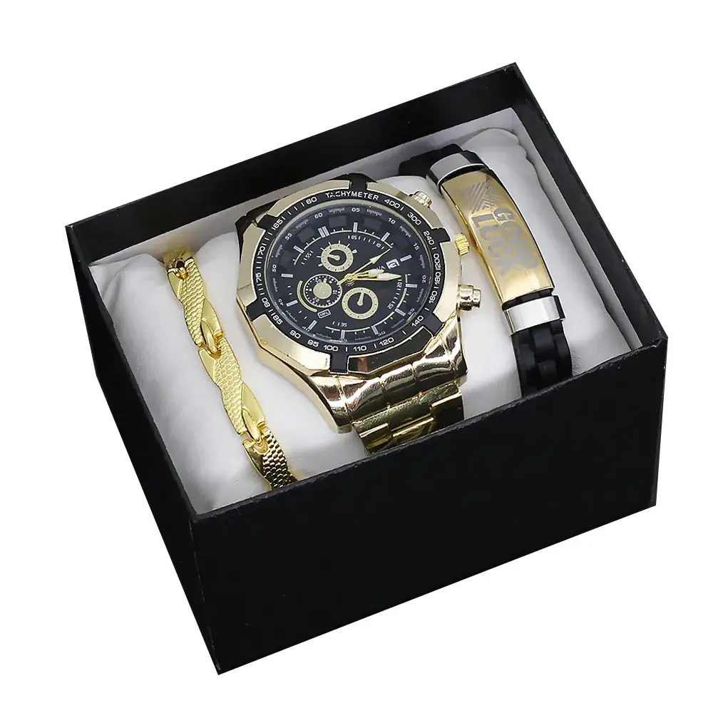 Men's Gold Quartz Watch with 3 Dials & Bracelet Set - Image 5