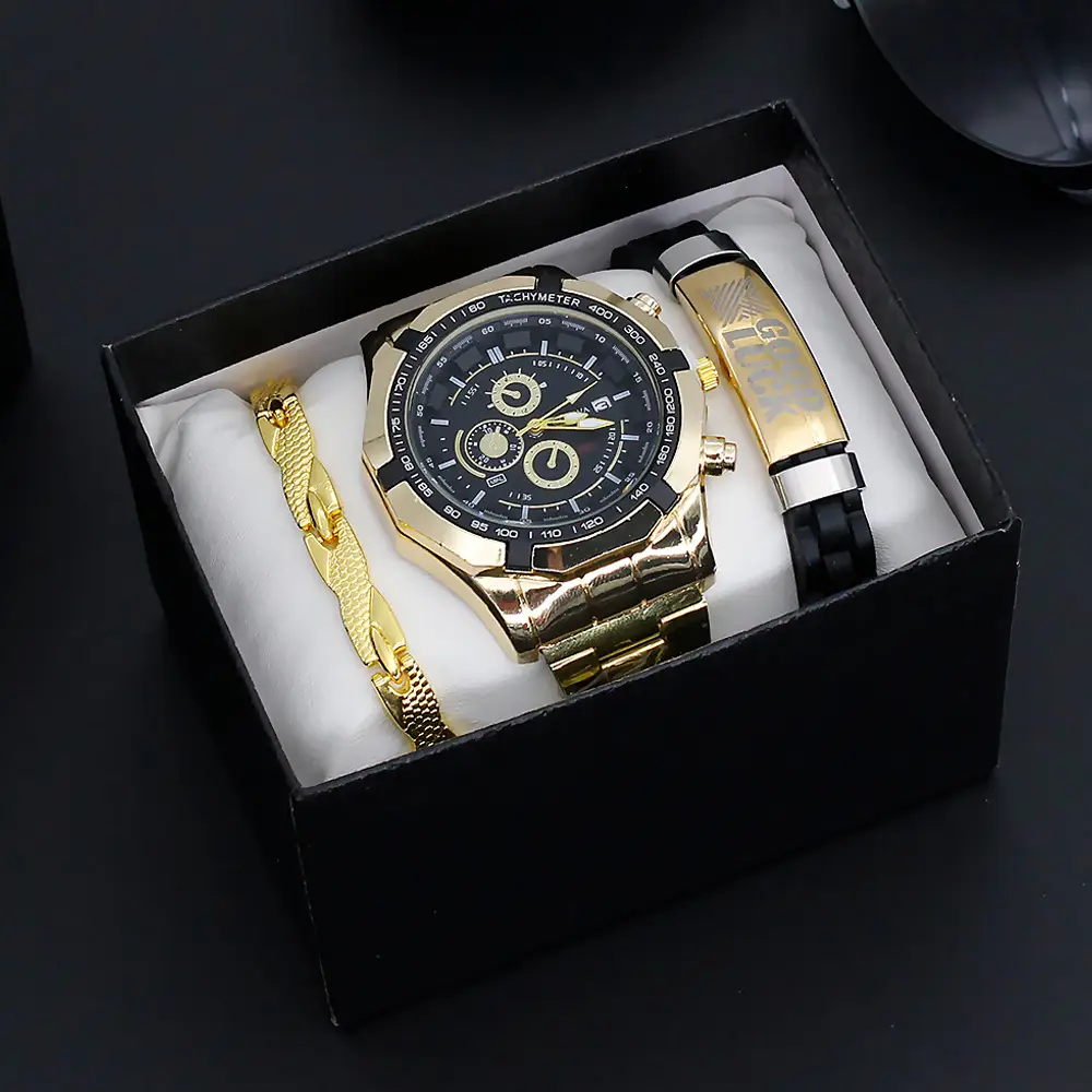 Men's Gold Quartz Watch with 3 Dials & Bracelet Set — feature 2