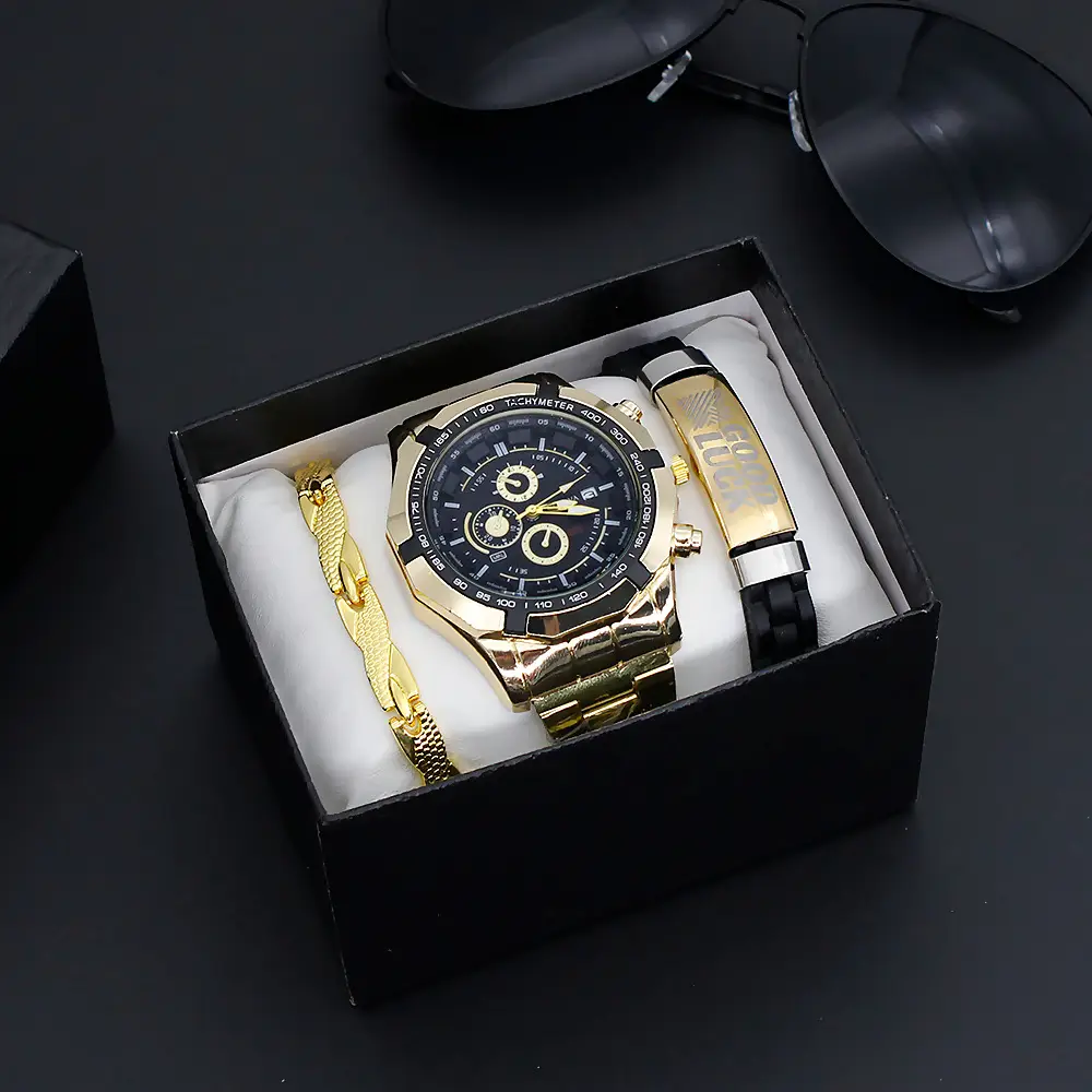 Men's Gold Quartz Watch with 3 Dials & Bracelet Set — feature 3