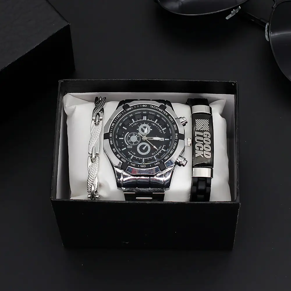 Men's Gold Quartz Watch with 3 Dials & Bracelet Set — feature 4