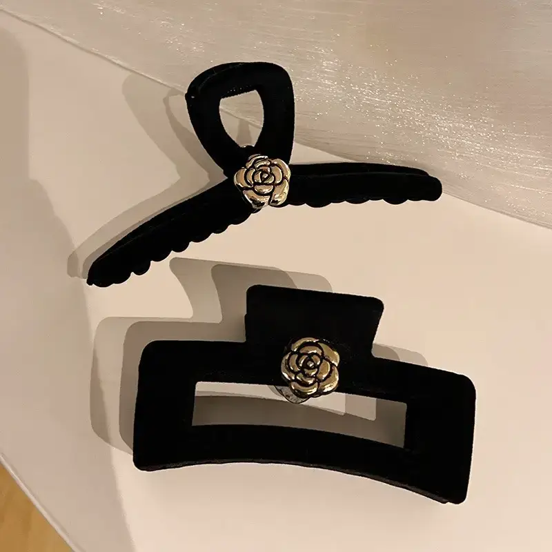 Black Velvet Camellia Hair Clip for Women Winter - Image 3