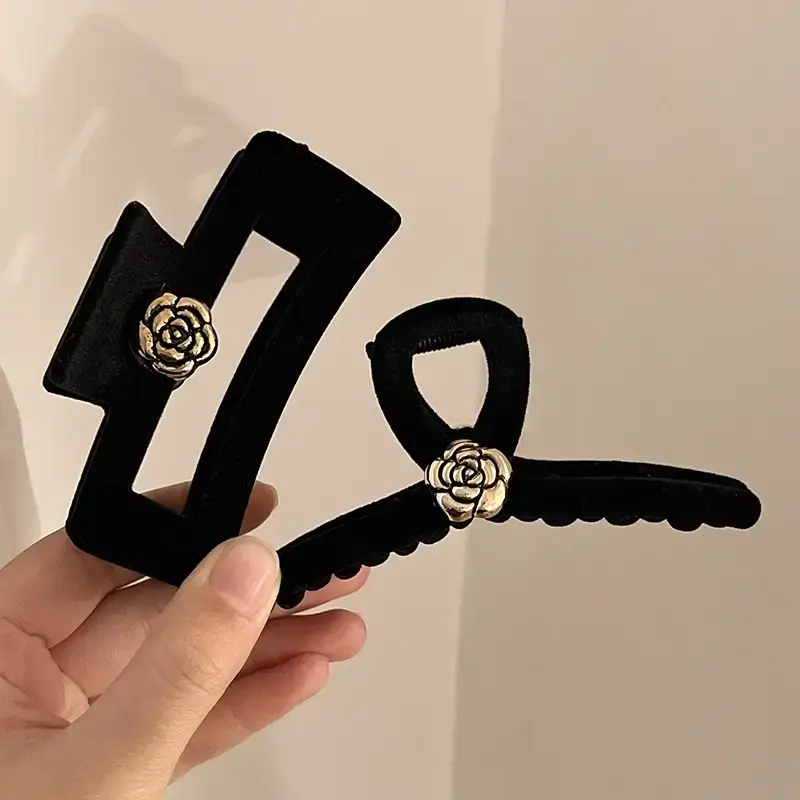 Black Velvet Camellia Hair Clip for Women Winter - Image 4