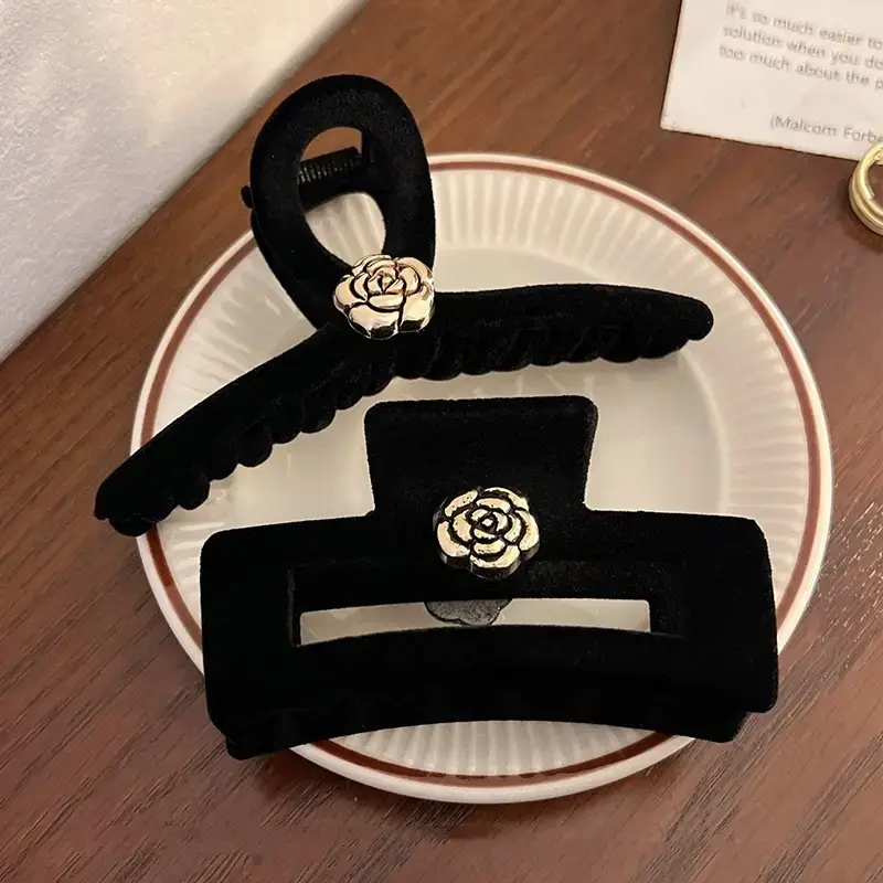 Black Velvet Camellia Hair Clip for Women Winter - Image 5