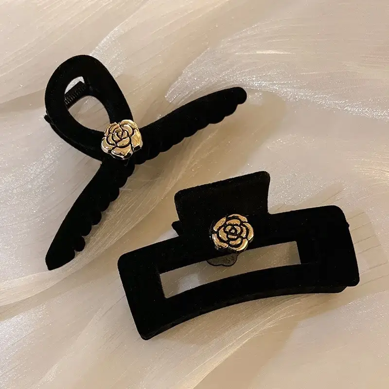 Black Velvet Camellia Hair Clip for Women Winter - Image 6