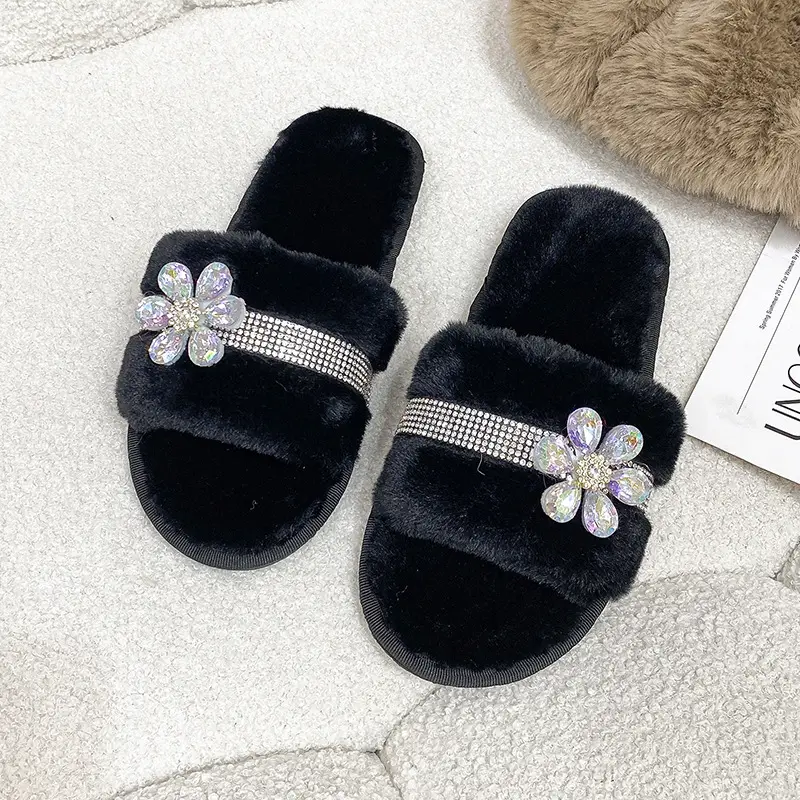 New foreign trade cross-border plush slippers women's fashion bright diamond flower fluff slippers indoor home cotton slippers