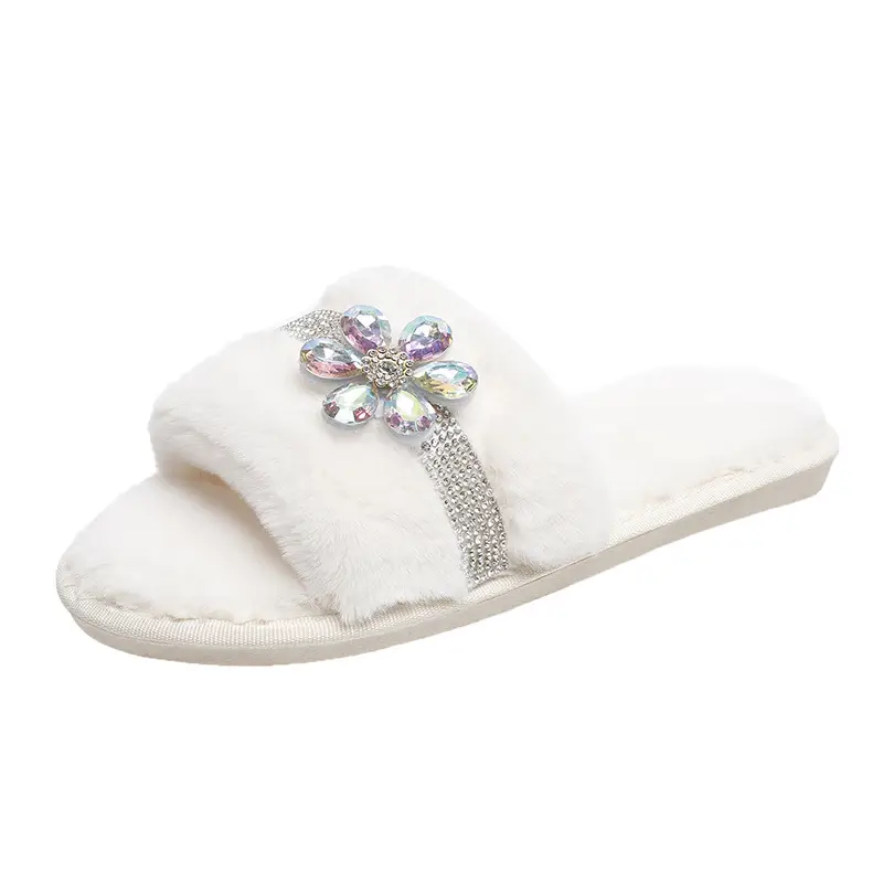 New foreign trade cross-border plush slippers women's fashion bright diamond flower fluff slippers indoor home cotton slippers