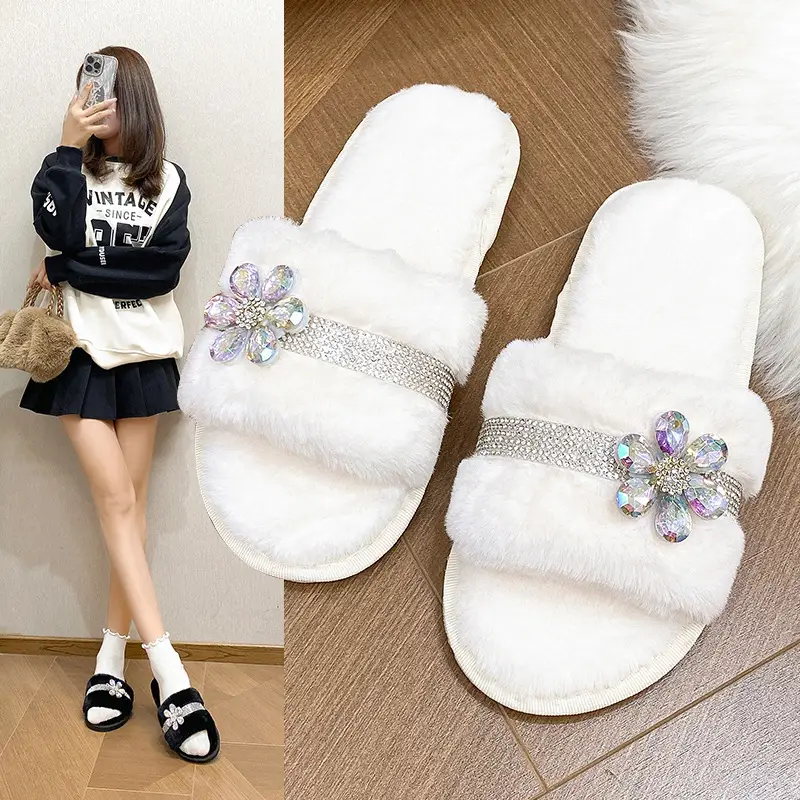 New foreign trade cross-border plush slippers women's fashion bright diamond flower fluff slippers indoor home cotton slippers — feature 1