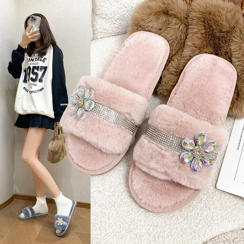 New foreign trade cross-border plush slippers women's fashion bright diamond flower fluff slippers indoor home cotton slippers — feature 2