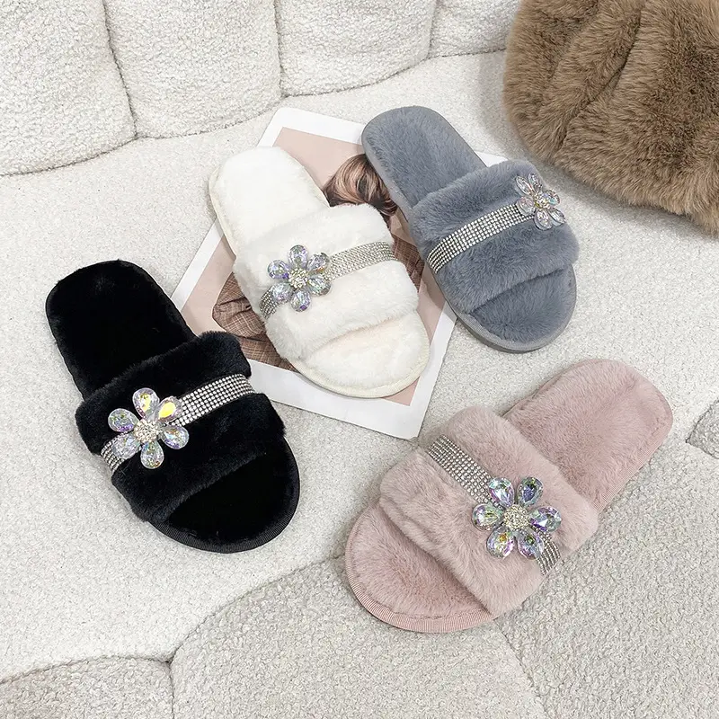 New foreign trade cross-border plush slippers women's fashion bright diamond flower fluff slippers indoor home cotton slippers — feature 3