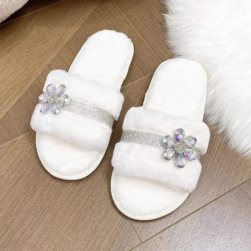 New foreign trade cross-border plush slippers women's fashion bright diamond flower fluff slippers indoor home cotton slippers — feature 6