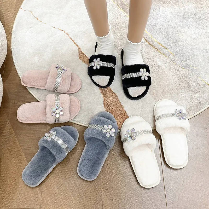 New foreign trade cross-border plush slippers women's fashion bright diamond flower fluff slippers indoor home cotton slippers — feature 8