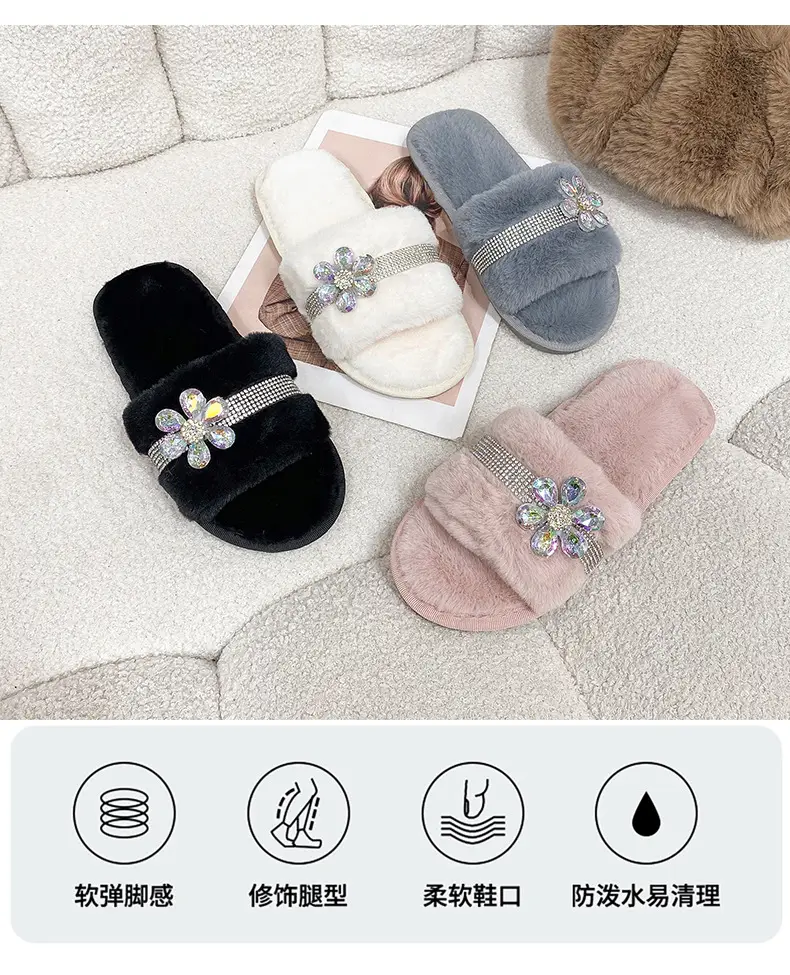 New foreign trade cross-border plush slippers women's fashion bright diamond flower fluff slippers indoor home cotton slippers — feature 9