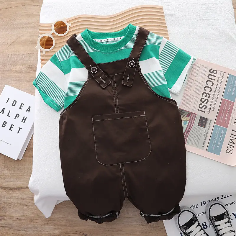 2024 Baby Boys Striped T-Shirt Suspender Shorts Set Brown