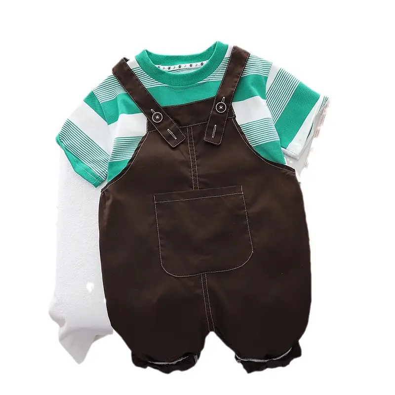 2024 Baby Boys Striped T-Shirt Suspender Shorts Set Brown