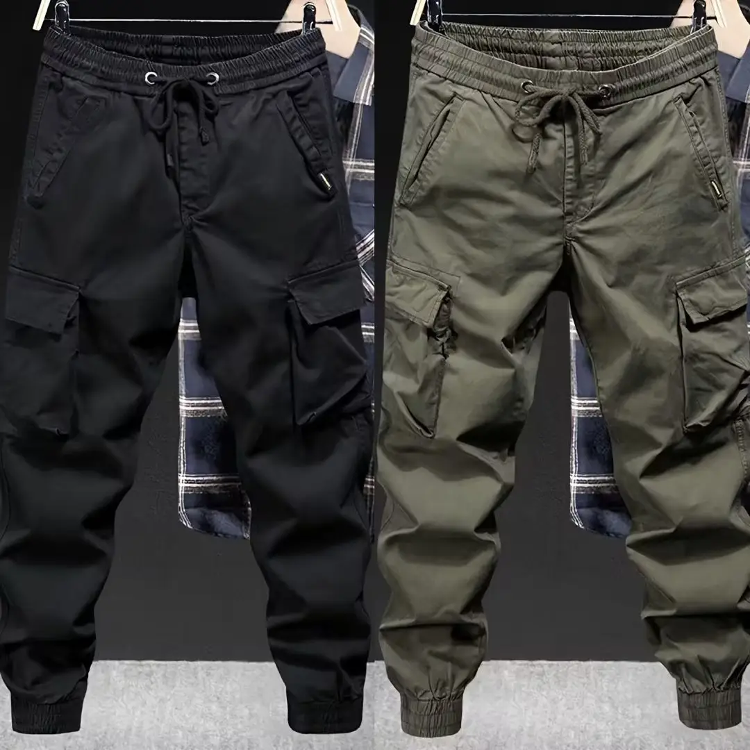 Men Black Multi-Pocket Ankle-Tied Pants Army Green - Image 7