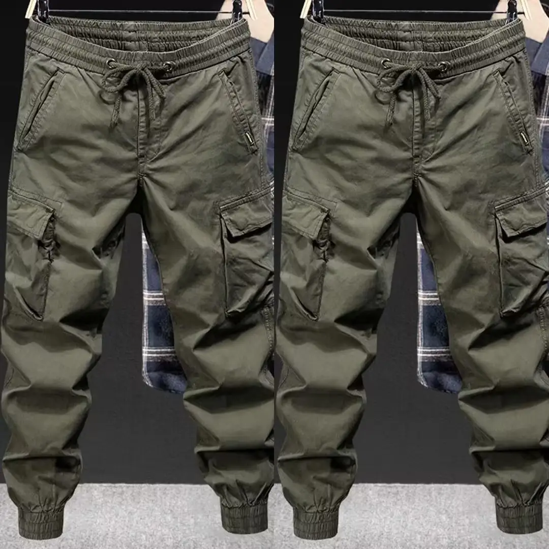Men Black Multi-Pocket Ankle-Tied Pants Army Green - Image 8