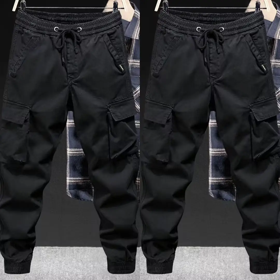 Men Black Multi-Pocket Ankle-Tied Pants Army Green - Image 9