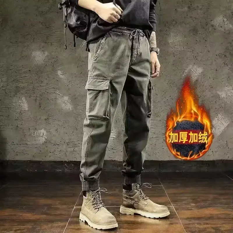 Men Black Multi-Pocket Ankle-Tied Pants Army Green - Image 2