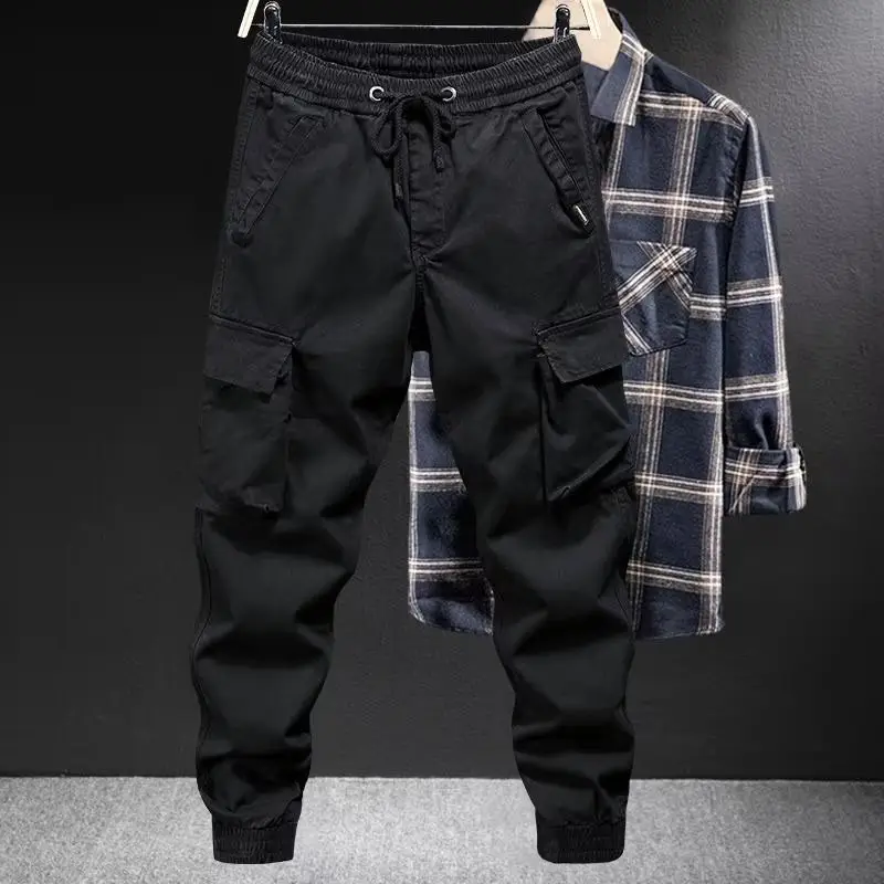 Men Black Multi-Pocket Ankle-Tied Pants Army Green - Image 4