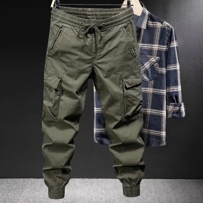 Men Black Multi-Pocket Ankle-Tied Pants Army Green - Image 5