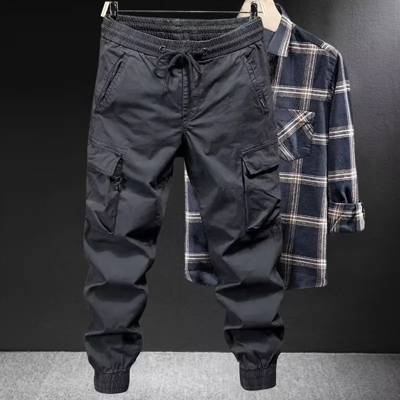Men Black Multi-Pocket Ankle-Tied Pants Army Green - Image 6