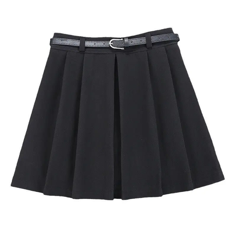 Black Wool Pleated Skirt with Belt for Women