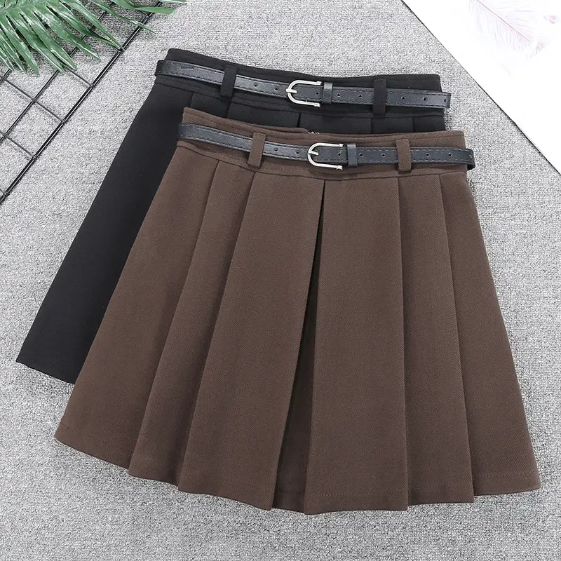 Black Wool Pleated Skirt with Belt for Women — feature 1