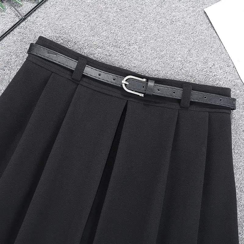 Black Wool Pleated Skirt with Belt for Women — feature 5
