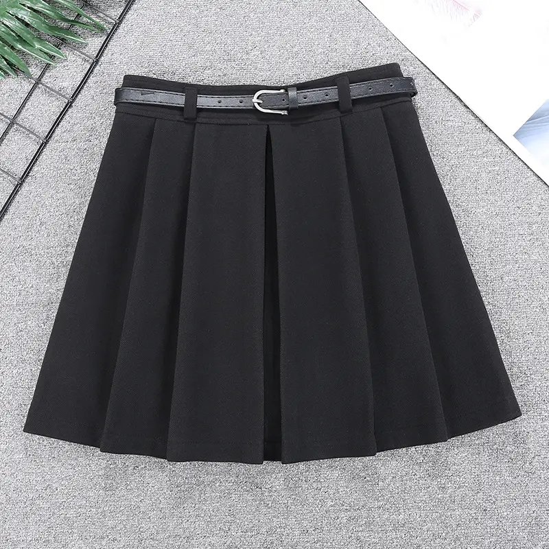 Black Wool Pleated Skirt with Belt for Women — feature 9